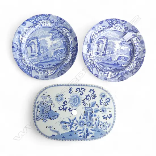 ENGLISH B/W SPODE ROAST DRAINER, L.330mm & TWO EARLY B/W PORCELAIN PLATES, one w hairline, Dia.250mm