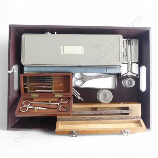 KITCHEN TRAY L480MM & COLLECTION 10PLUS VINTAGE MEDICAL KITS & INSTUMENTS