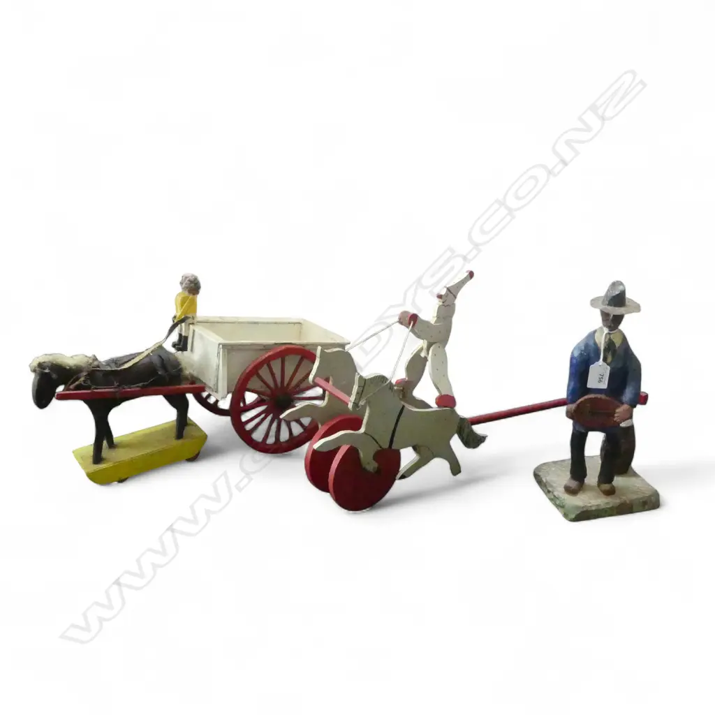 3 WOODEN TOYS; FIGURE, HORSE & CART, PULL ALONG TOY Image 1++