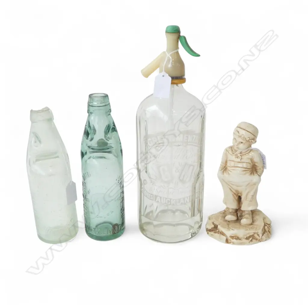 2 'KIA ORA MINERAL WATER' BOTTLES, SIPHON & BRETBY FIGURE H.190mm small fault Image 1++