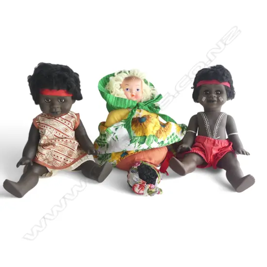 3 VINTAGE DOLLS: 2 ABORIGINAL + 2 IN 1 DOLL with reversable skirt