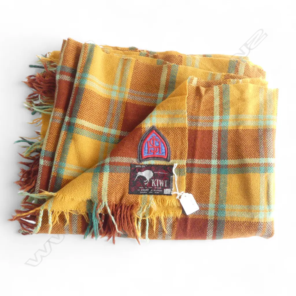 VINTAGE 'AIRLITE KIWI 100% VIRGIN WOOL' BLANKET by ESKAY OF WELLINGTON. Labelled Image 1++