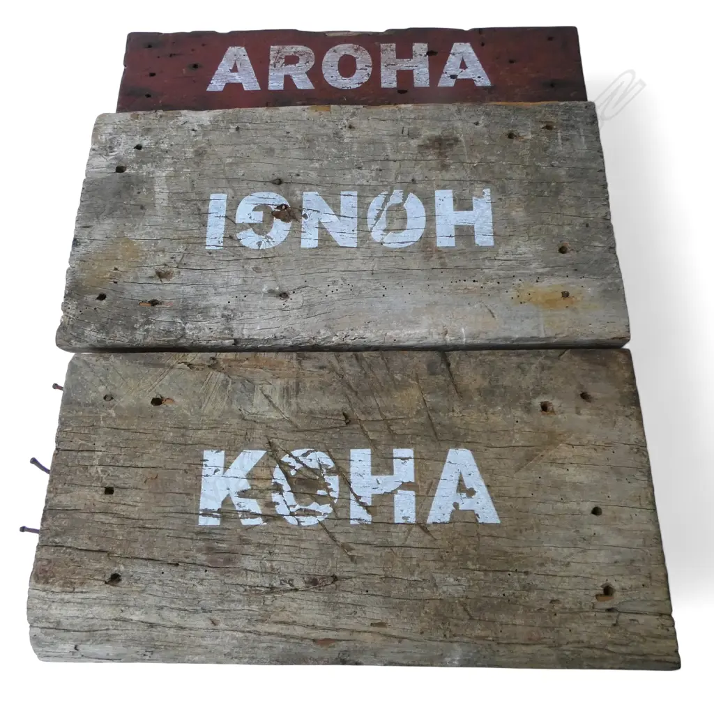 3 DANIEL M. KIRSCH ARTWORKS: AROHA, HONGI & KOHA, ACRYLIC ON FOUND WOOD 225x450mm Image 1++