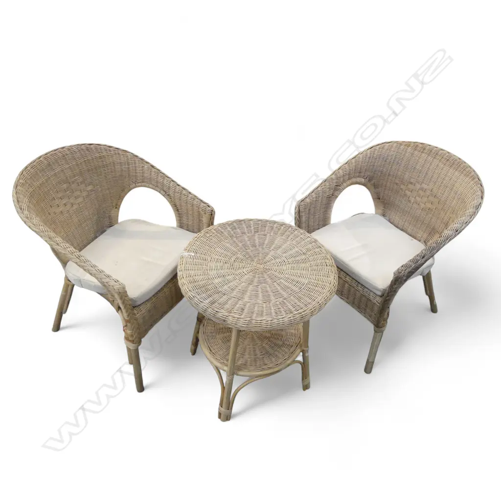 3 PCE WOVEN CANE PATIO SET; PR CHAIRS & TABLE 550mm dia Image 1++