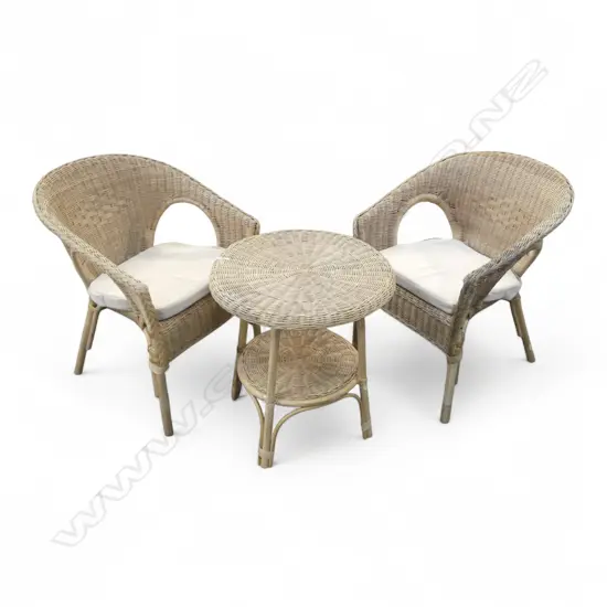 3 PCE WOVEN CANE PATIO SET; PR CHAIRS & TABLE 550mm dia