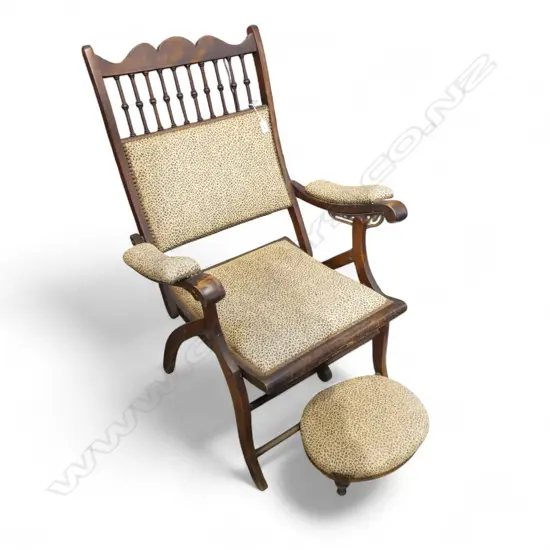 ANTIQUE UPHOLSTERED FOLDING CHAIR + MATCHING FOOTREST