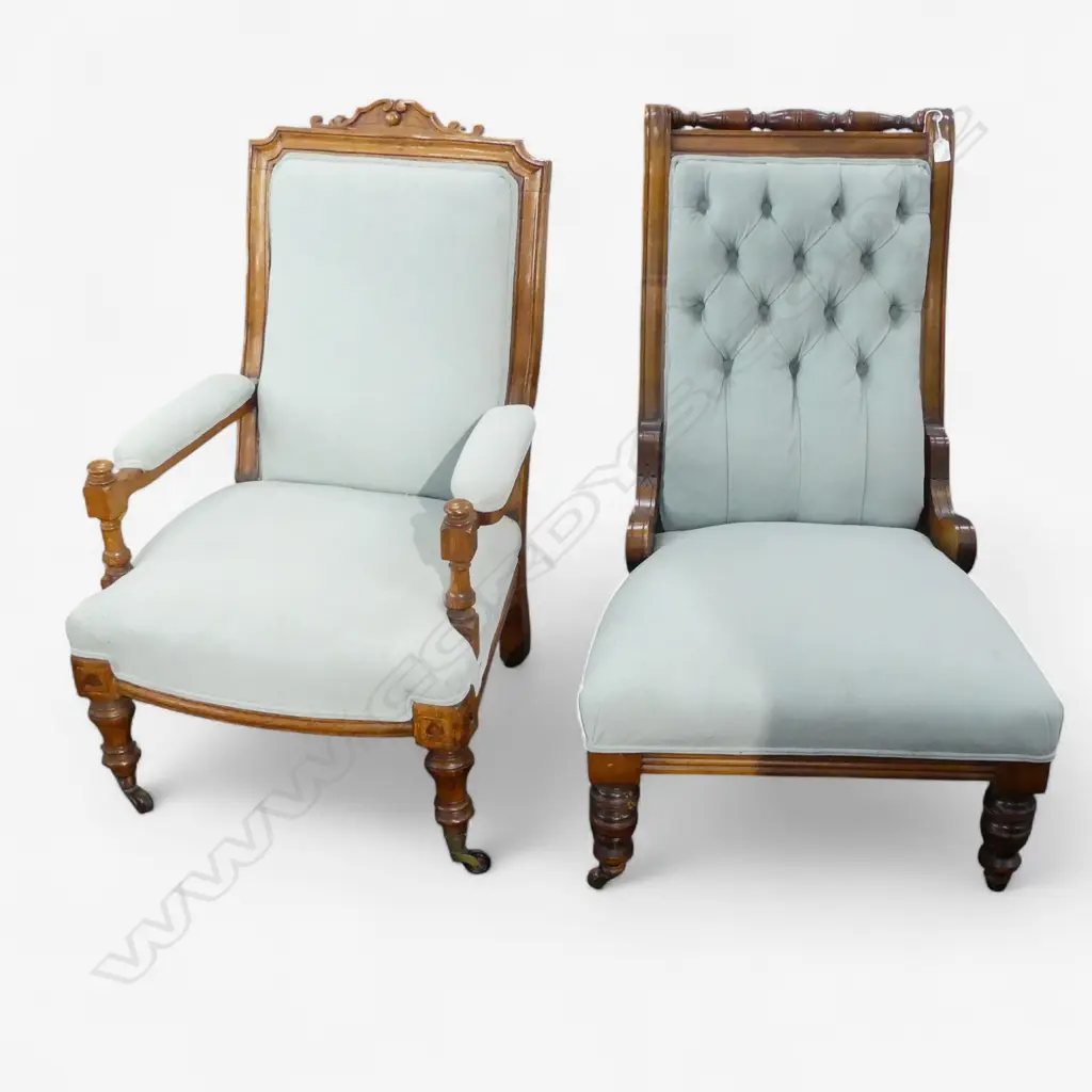 Pair of Oak, late Victorian grandfather & grandmother chairs Image 1++