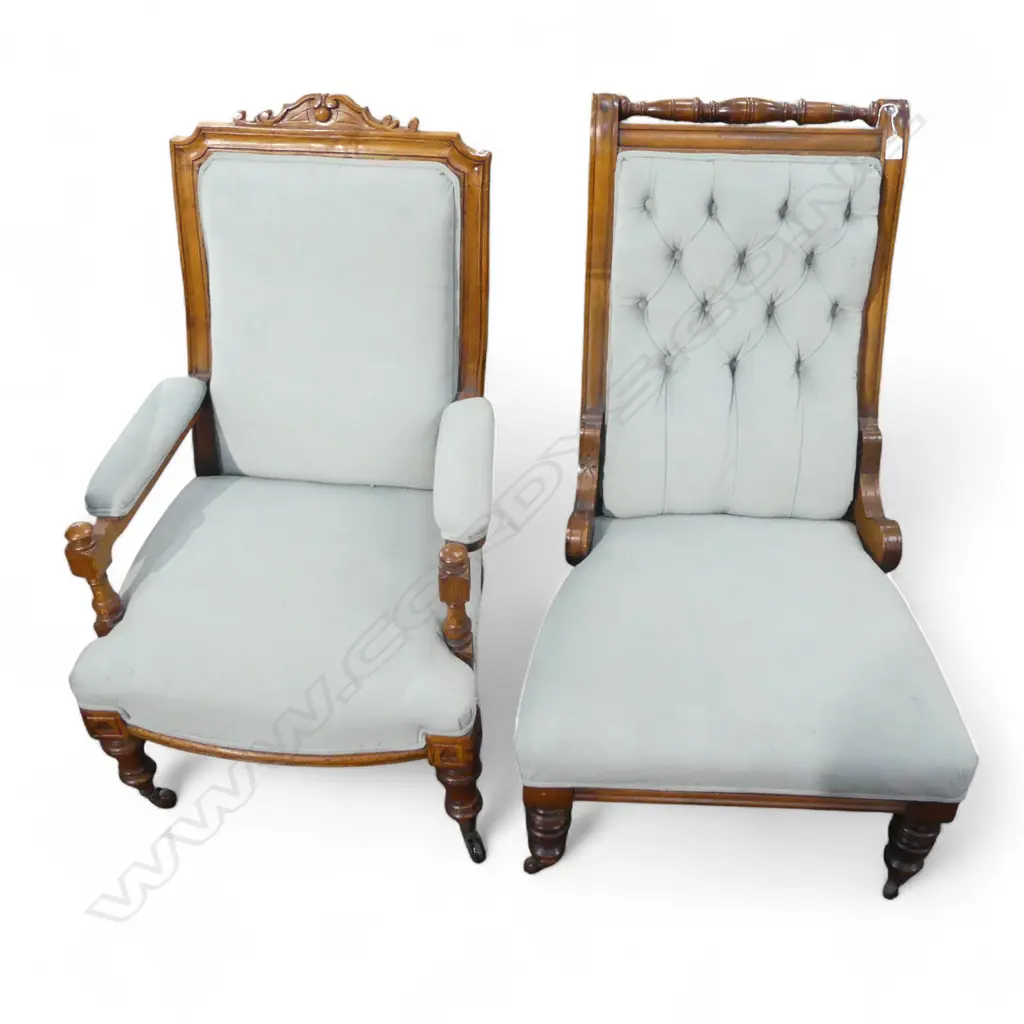 Pair of Oak, late Victorian grandfather & grandmother chairs Image 1++