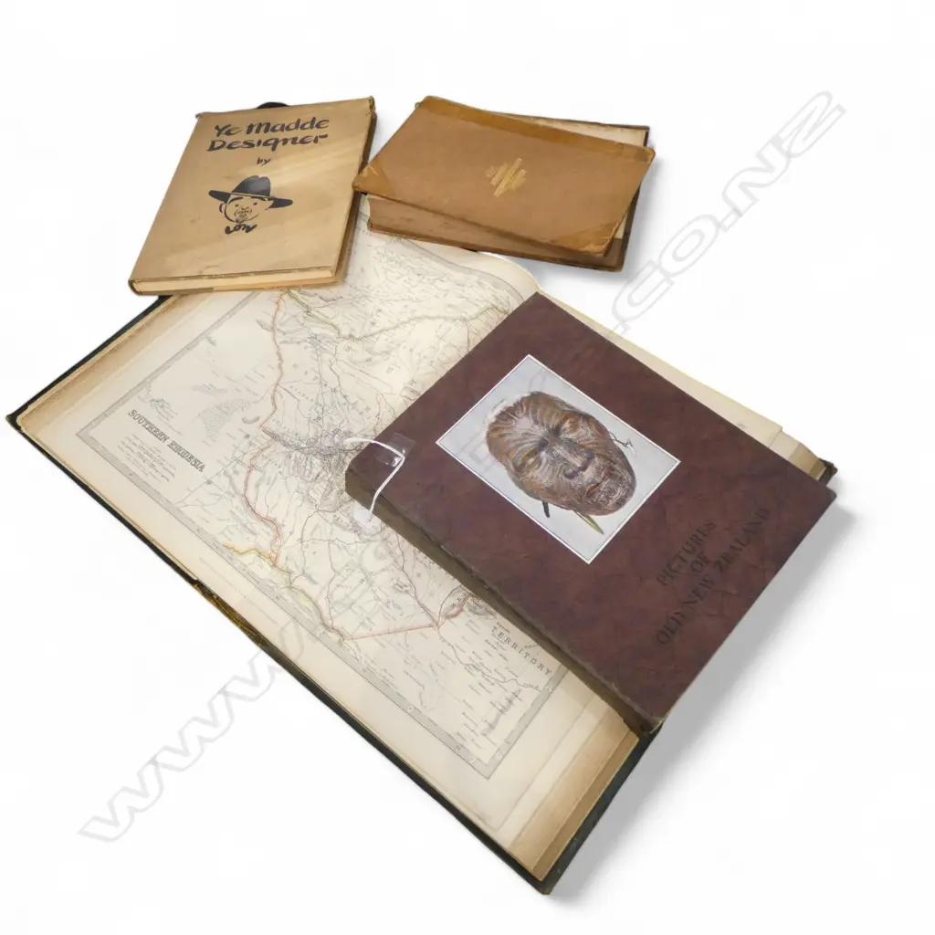 4 BOOKS; THE HANDY ROYAL ATLAS, PICTURES OF OLD NEW ZEALAND (LINDAUER), MYSTERIES OF THE OCEAN 1870, YE MADDE DESIGNER Image 1++