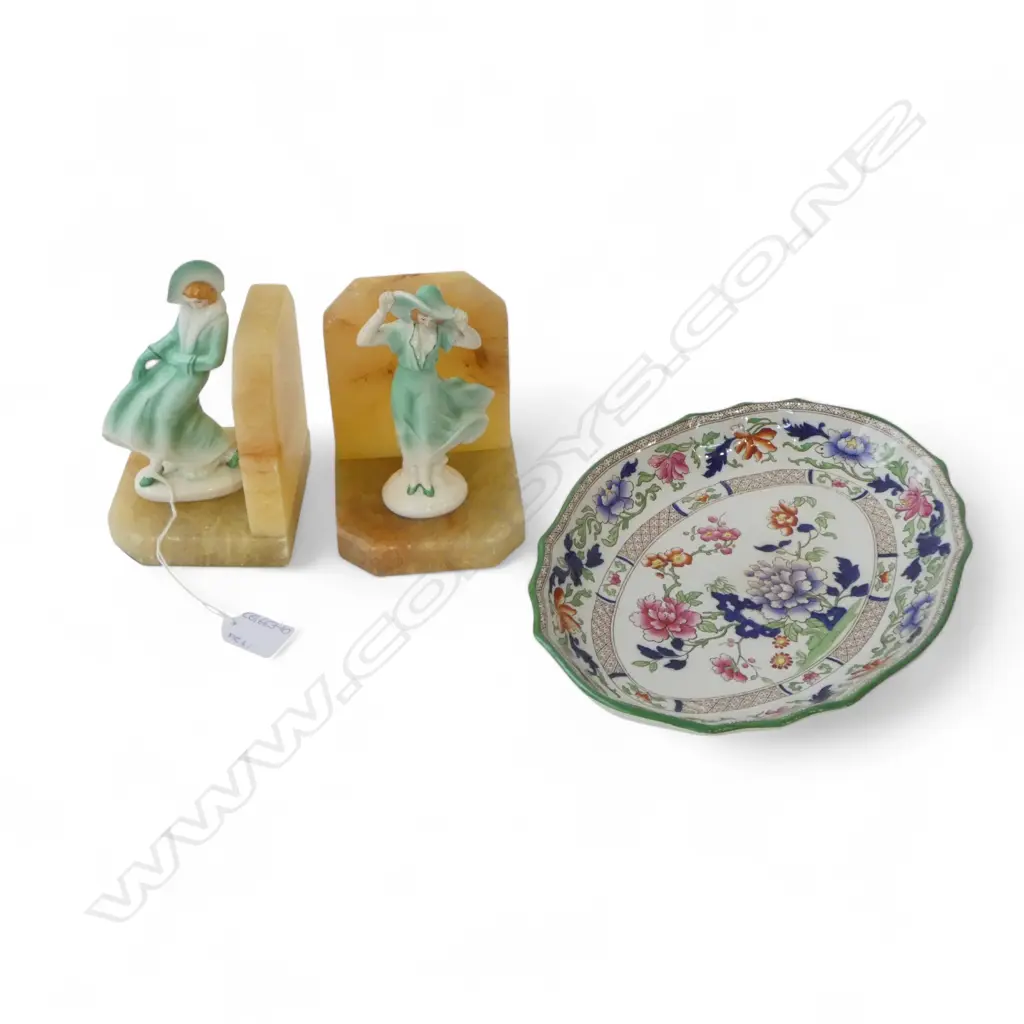 PR ALABASTER & PORCELAIN CHINA BOOKENDS H.155mm + SPODE DISH Image 1++