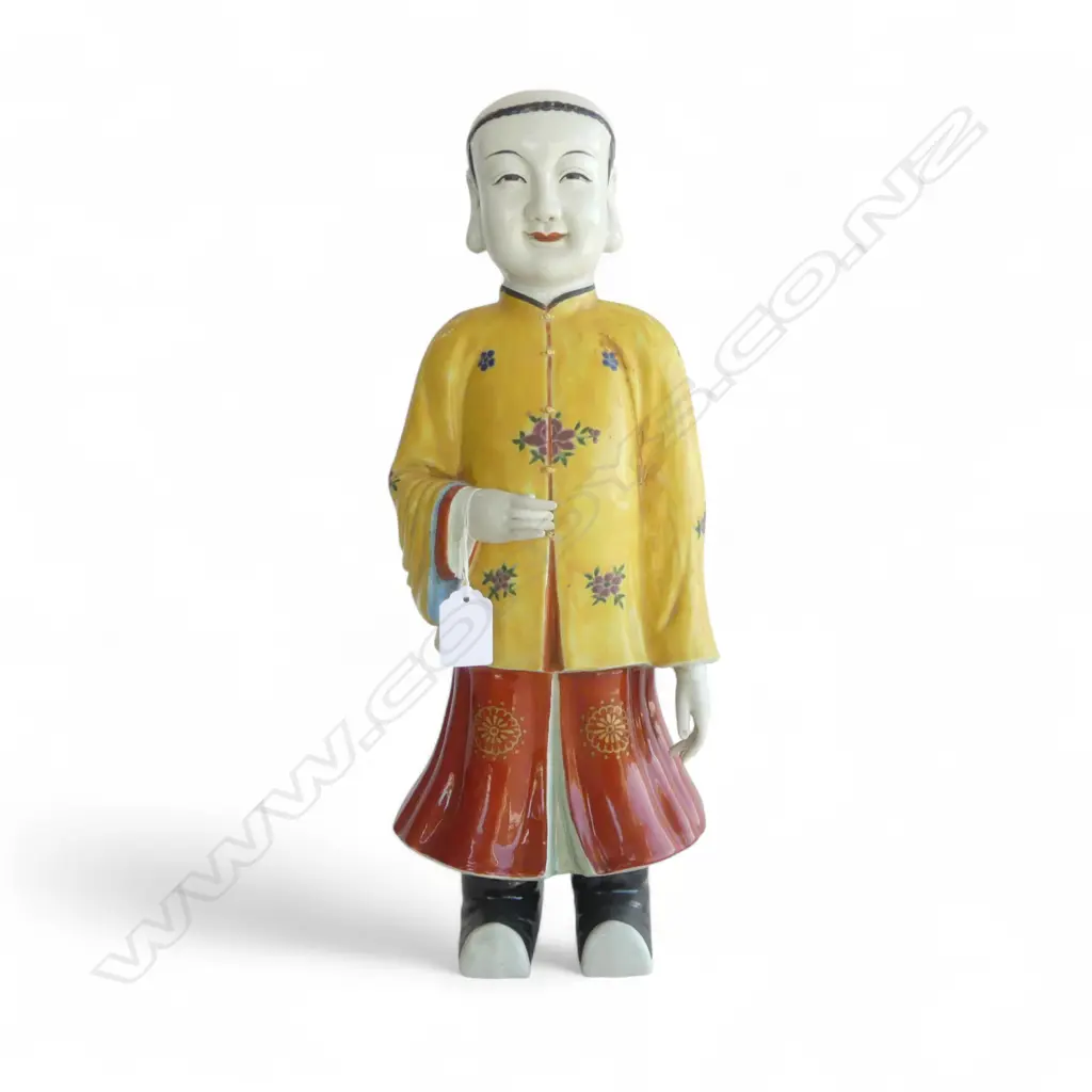 CHINESE PORCELAIN STANDING BOY FIGURE in traditional robes & yellow jacket H.435mm Image 1++