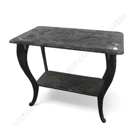 VINTAGE JAPANESE CARVED SIDE TABLE by 'Y HAYASHI. NOKKO' mark to base. Ebonised finish showing wear. 880 x 510 x 715mm