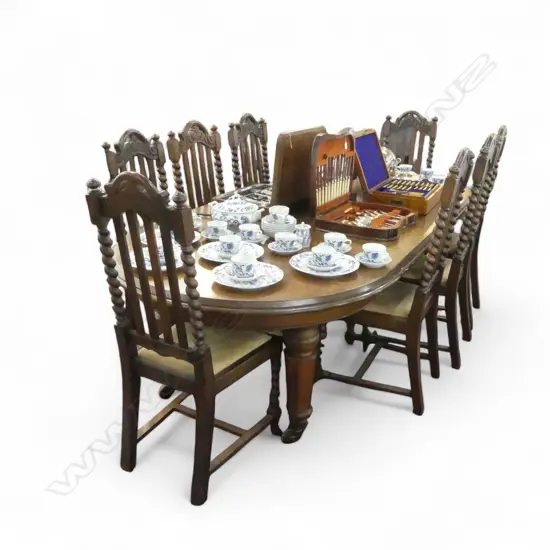 9 JACOBEAN STYLE OAK BARLEY TWIST HIGH BACK DINING CHAIRS