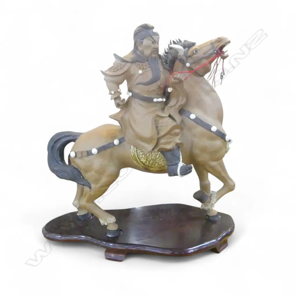 LGE CHINESE SHIWAN POTTERY SCULPTED EMPORER WARRIOR ON HORSE BACK well modelled expressive features. H.525mm. L.520mm Image 1++