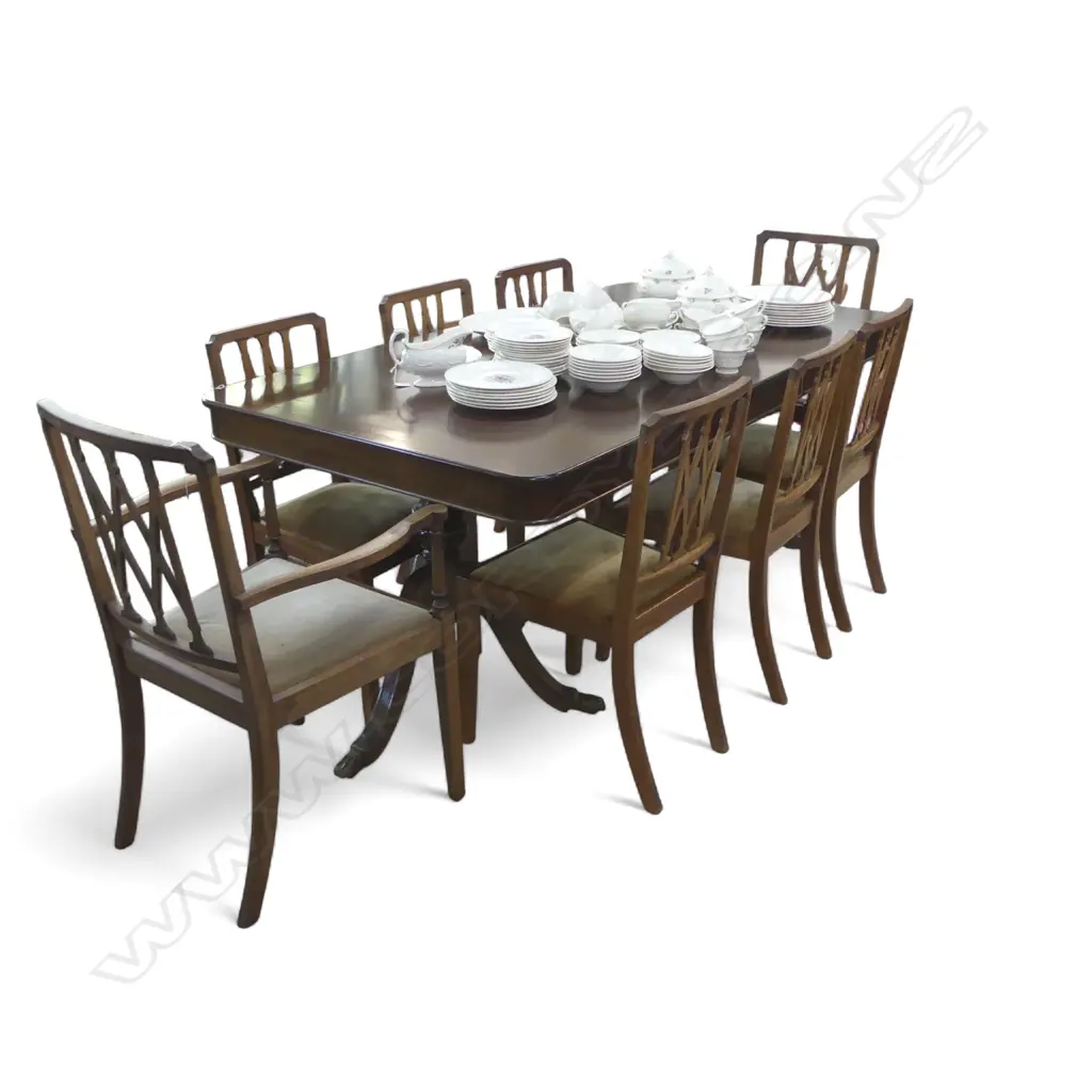MAHOGANY RECTANGULAR TWIN PEDESTAL EXTENSION DINING TABLE 1370x910x780mm & 8 CHAIRS (2 ARE CARVERS) Image 1++