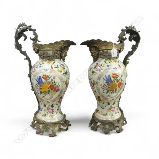 A PAIR OF WONG LEE PORCELAIN AMPHORA WITH FLORAL DECORATION WITH GILT METAL MOUNTS 530 MM (H)