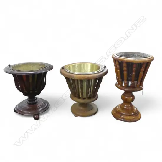 THREE ANTIQUE STYLE TIMBER PLANTERS WITH METAL LINERS 500mm(h) 390 mm(h) 380mm(h)
