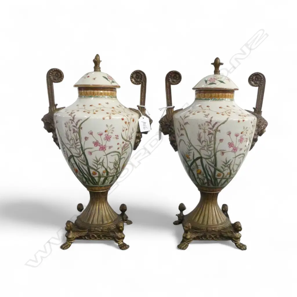 A PAIR OF WONG LEE LIDDED URNS WITH FLORAL DECORATION AND GILT METAL MOUNTS 440mm (H) Image 1++
