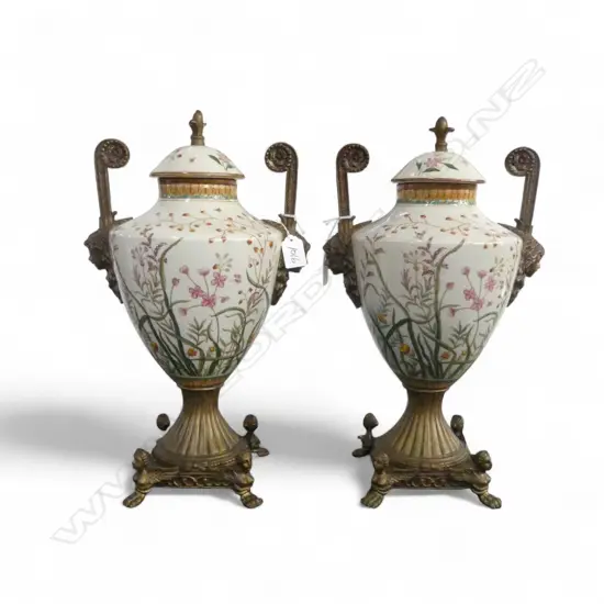 A PAIR OF WONG LEE LIDDED URNS WITH FLORAL DECORATION AND GILT METAL MOUNTS 440mm (H)