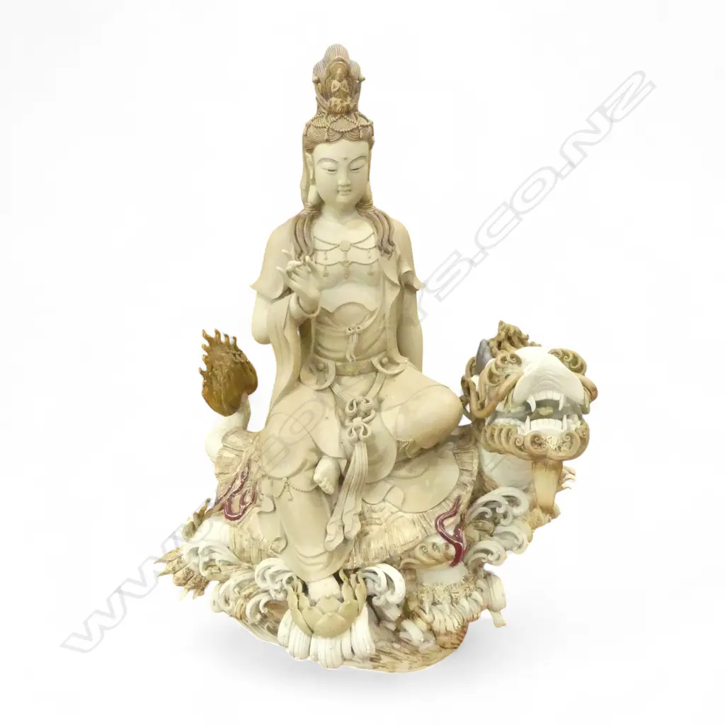 A LARGE AND IMPRESSIVE CHINESE SHIWAN FIGURE OF QUAN YIN ON A MYTHICAL DRAGON - VERY FINELY MODELLED 660mm (H) Image 1++