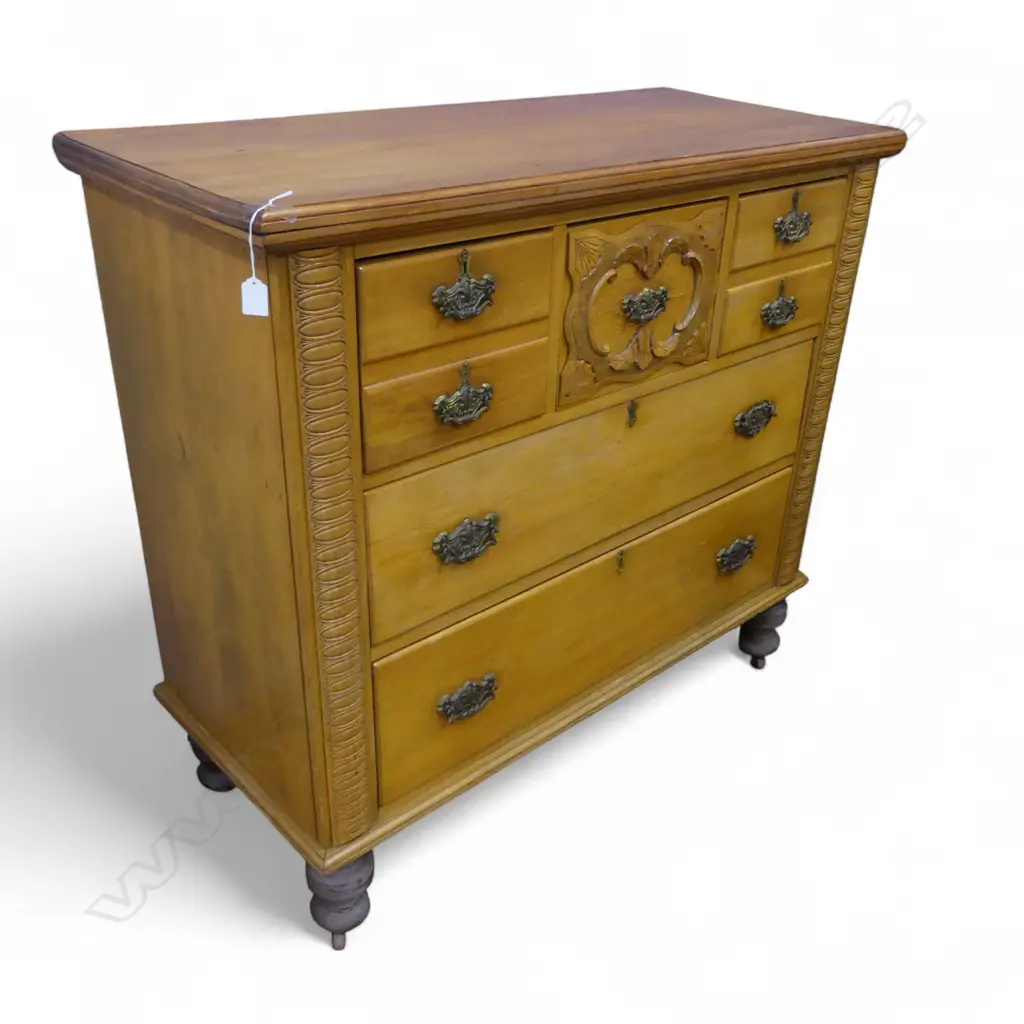SMALL NZ COLONIAL SCOTCH CHEST, BORER 1145x505x1050mm 1 CASTOR MISSING, BORER TO BASE Image 1++
