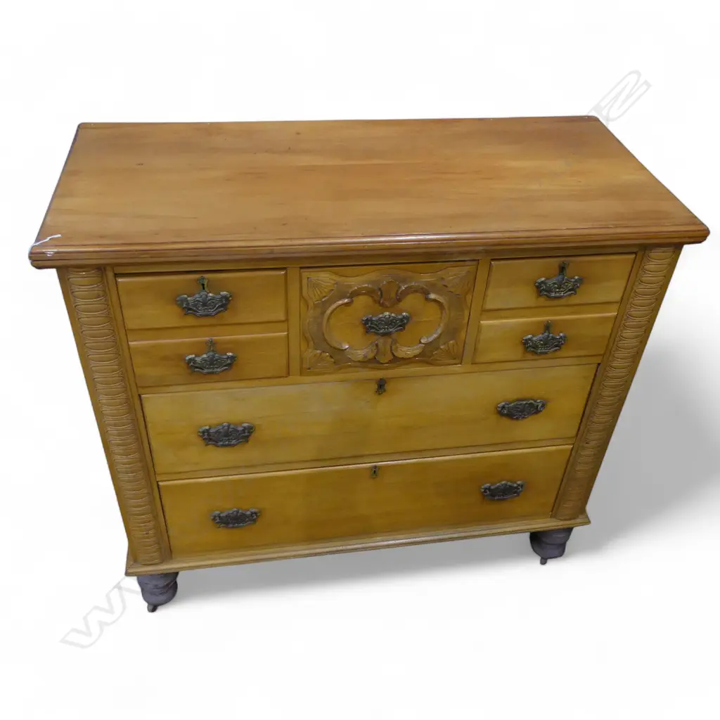 SMALL NZ COLONIAL SCOTCH CHEST, BORER 1145x505x1050mm 1 CASTOR MISSING, BORER TO BASE Image 1++