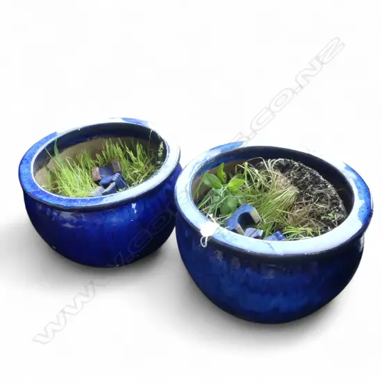 2 BLUE GLAZED GARDEN POTS H.265mm, 400mm dia