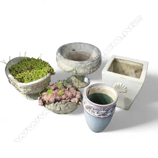 3 CONCRETE PLANTER POTS; 1 a 2 PART FOOTED BOWL H.250mm