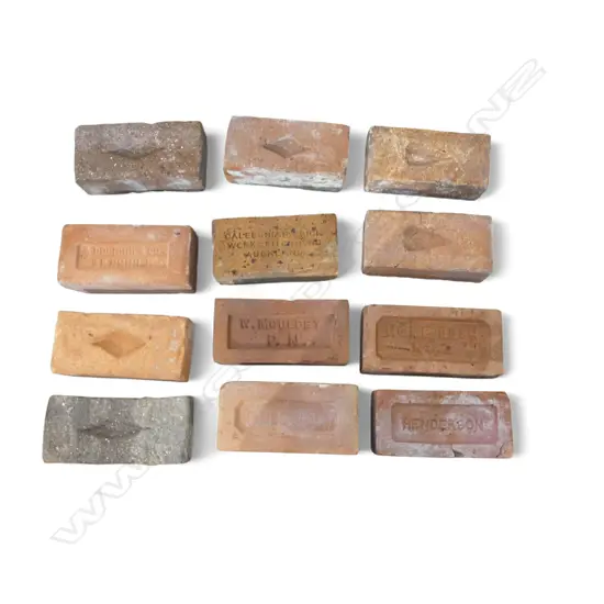 12 ASST. OLD N.Z. BRICKS INCLUDES W.MOULDEY P.N/HENDERSON/CALEDONIAN BRICK WORKS AUCKLAND