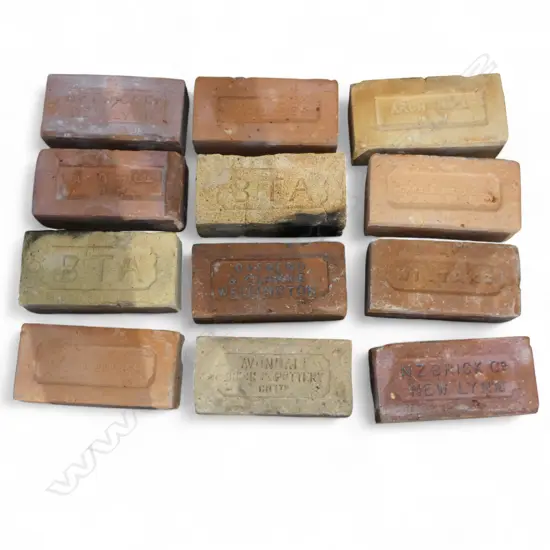 12 ASST. N.Z. BRICKS  INCLUDES OVEREND & CLARKE WELLINGTON/AVONDALE BRICK & POTTERY COY./ARCH HILL B.W.
