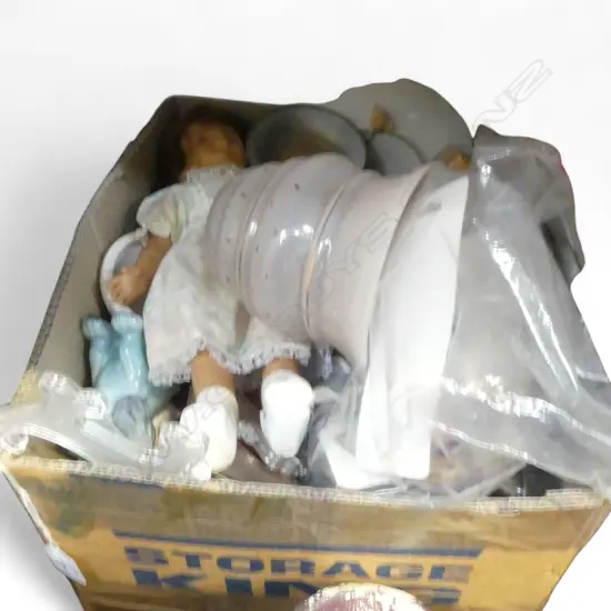 BOX ASST. ITEMS; DOLL & DOLL FURNITURE ETC