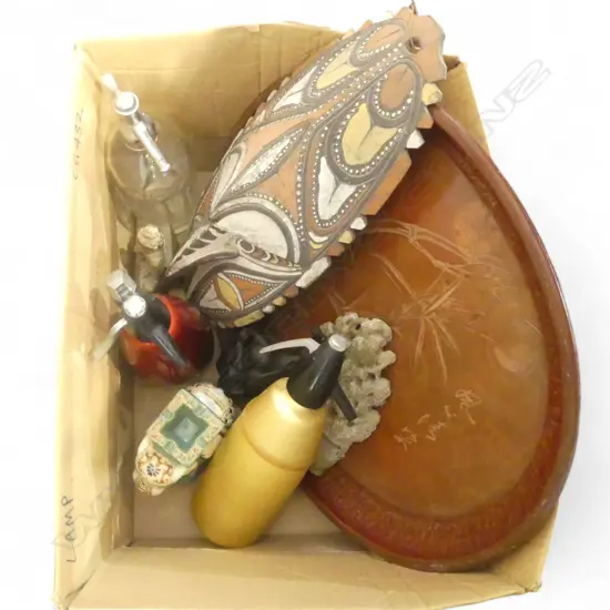 ASST. ITEMS; 3 SODA BOTTLES, LG ORIENTAL TRAY, 2 JADE-LIKE RESIN CARVINGS