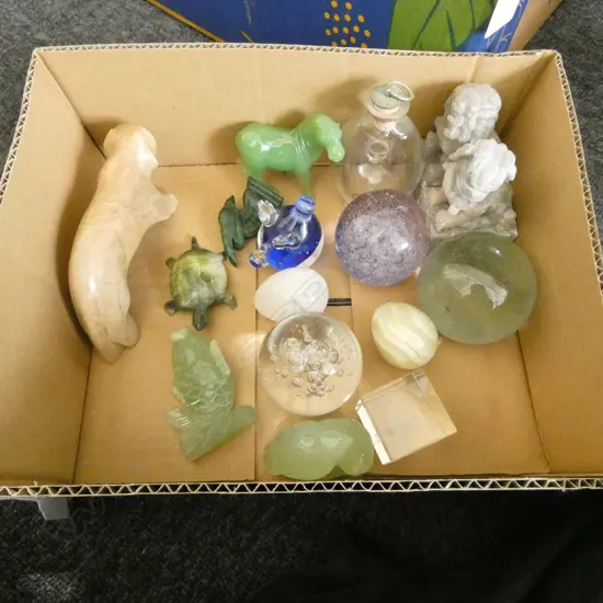 ASST. JADE / CHRYSOPRASE ANIMALS, GLASS PAPER WEIGHTS ETC