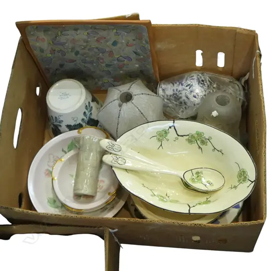 BOX VINTAGE CHINA + GLASS LIGHT SHADES ETC: Briar pattern bowl + servers + bowl set + 2 porcelain studio vases (Taniwha)