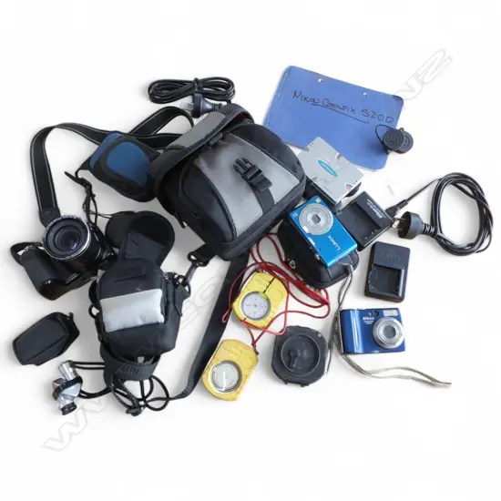 NIKON COOLPIX L830 & 2 MINI; NIKON COOLPIX 5200 & LUMIX, KATAOKA INCLINOMTER & SUUNTO CLINOMETER