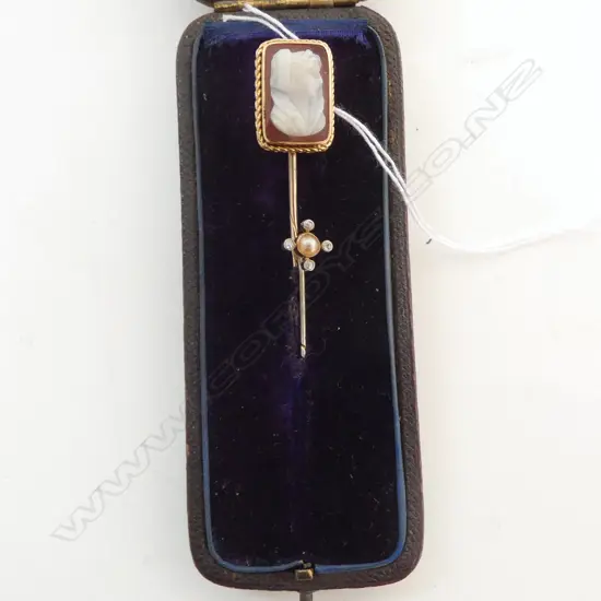 15ct CARVED AGATE  STICK PIN in original box Plus a NATURAL PEARL/ROSE CUT DIAMOND PIN 6gms