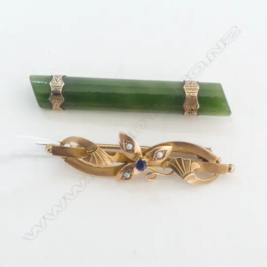 9ct POUNAMU BROOCH faults to catch PLUS 9CT SAPPHIRE & SEED PEARL BROOCH 3gms