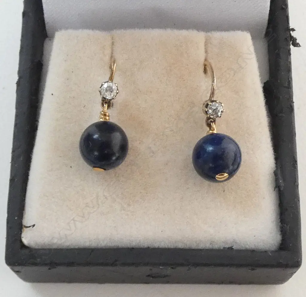 GOLD ANTIQUE DIAMOND & BLUE LAPIZ? HOOK EARRINGS 2GMS Image 1++
