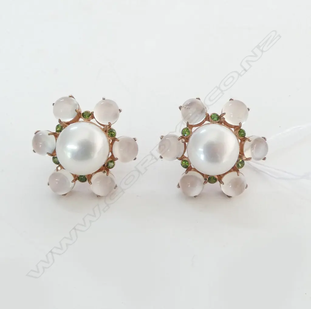 STERLING SIL/ROSE GOLD FRESH WATER/ MOONSTONE & TSAVORITE GARNET DESIGNER STUD EARRINGS 11.4 GMS Image 1++