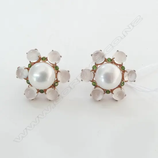 STERLING SIL/ROSE GOLD FRESH WATER/ MOONSTONE & TSAVORITE GARNET DESIGNER STUD EARRINGS 11.4 GMS