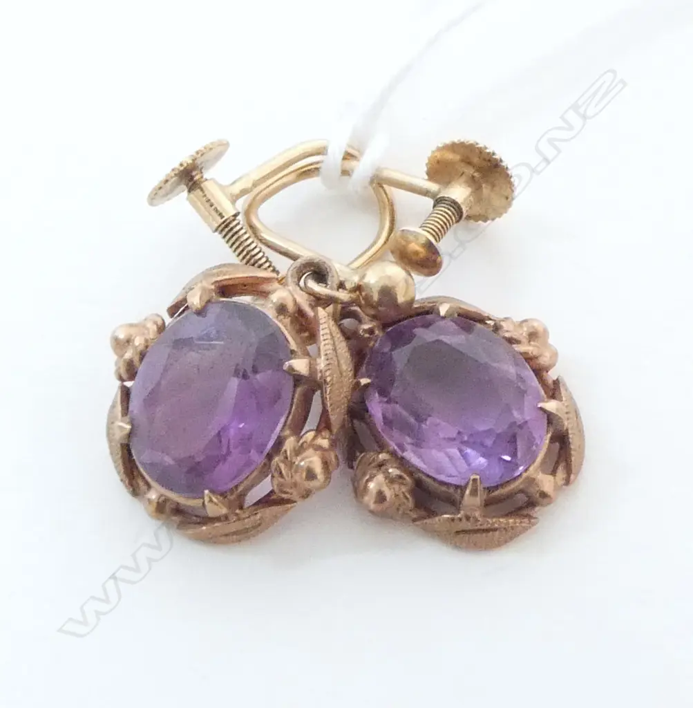 PAIR AMETHYST DROP EARRINGS 9CT GOLD SCREW FITTINGS Image 1++