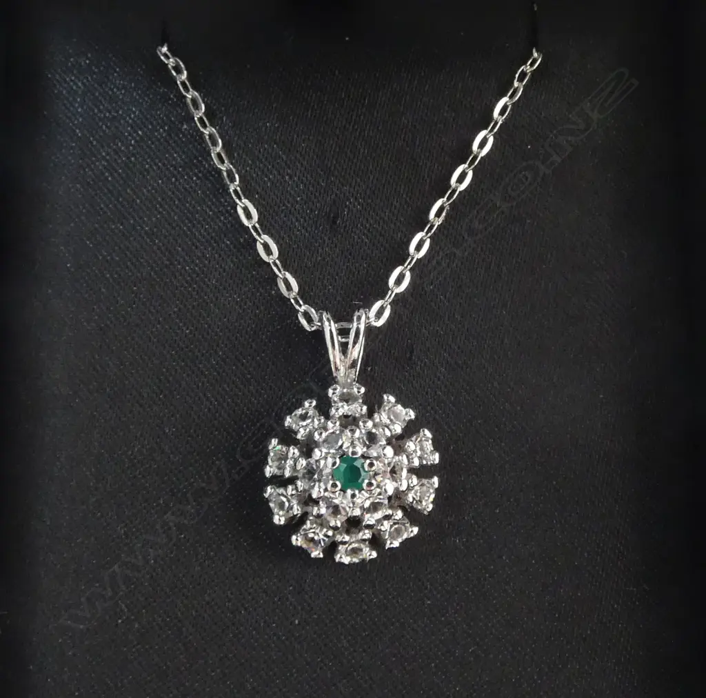 STERLING SILVER PENDENT with WHITE Sapphires & faux Green Emerald centre stone 40cm Image 1++