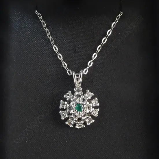 STERLING SILVER PENDENT with WHITE Sapphires & faux Green Emerald centre stone 40cm