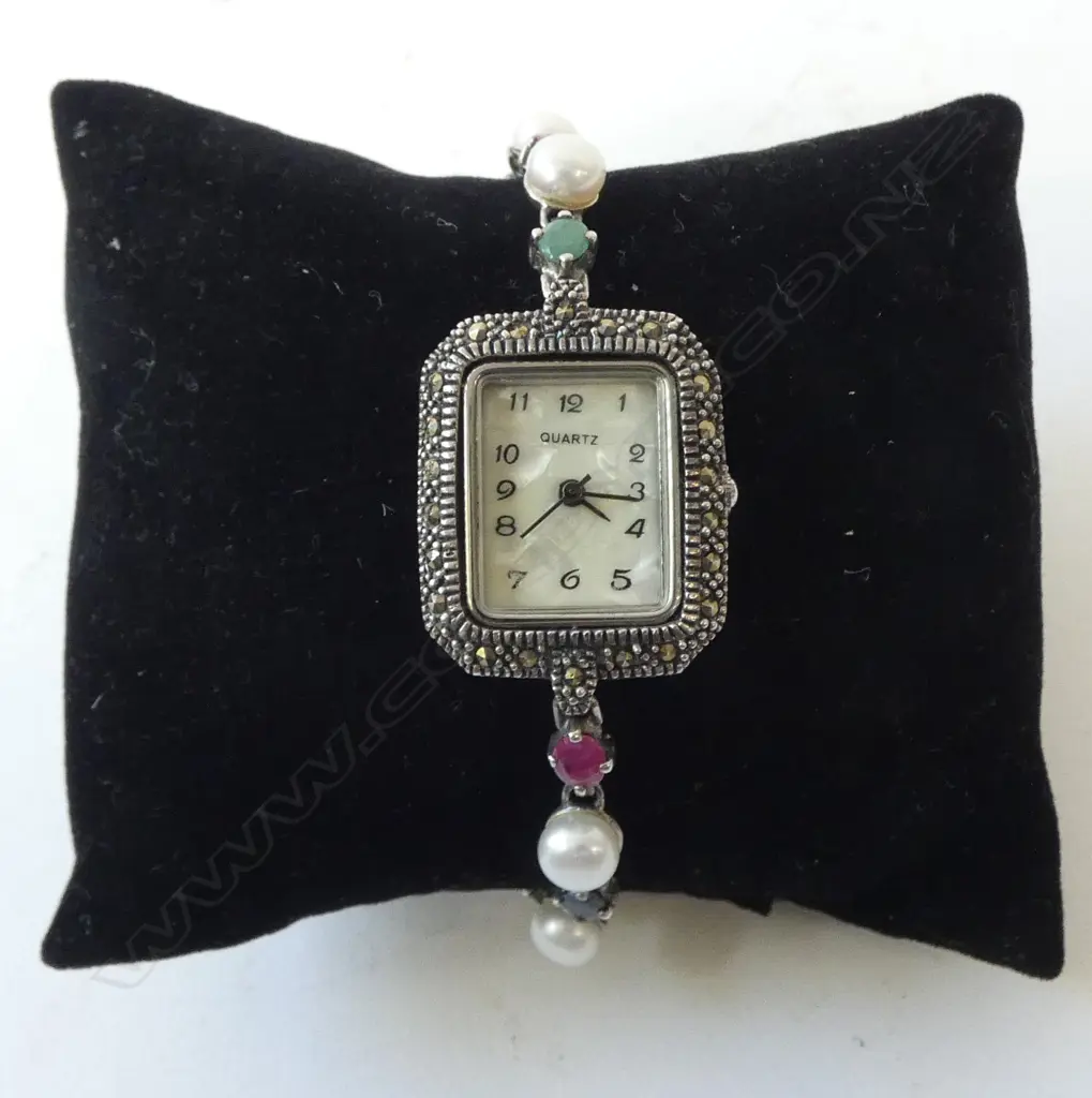 STERLING SILVER QUARTZ DRESS WATCH SET with Pearl/Ruby/Sapp/Emerald STONES IN STRAP.  GOING ORDER Image 1++