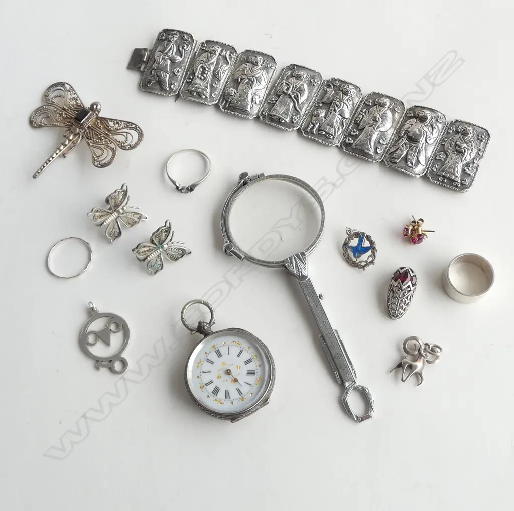 SILVER CHINESE BRACELET small fault + other SILVER JEWELLERY: watch + dragonfly + lorgnette w 1 glass missing etc Image 1++
