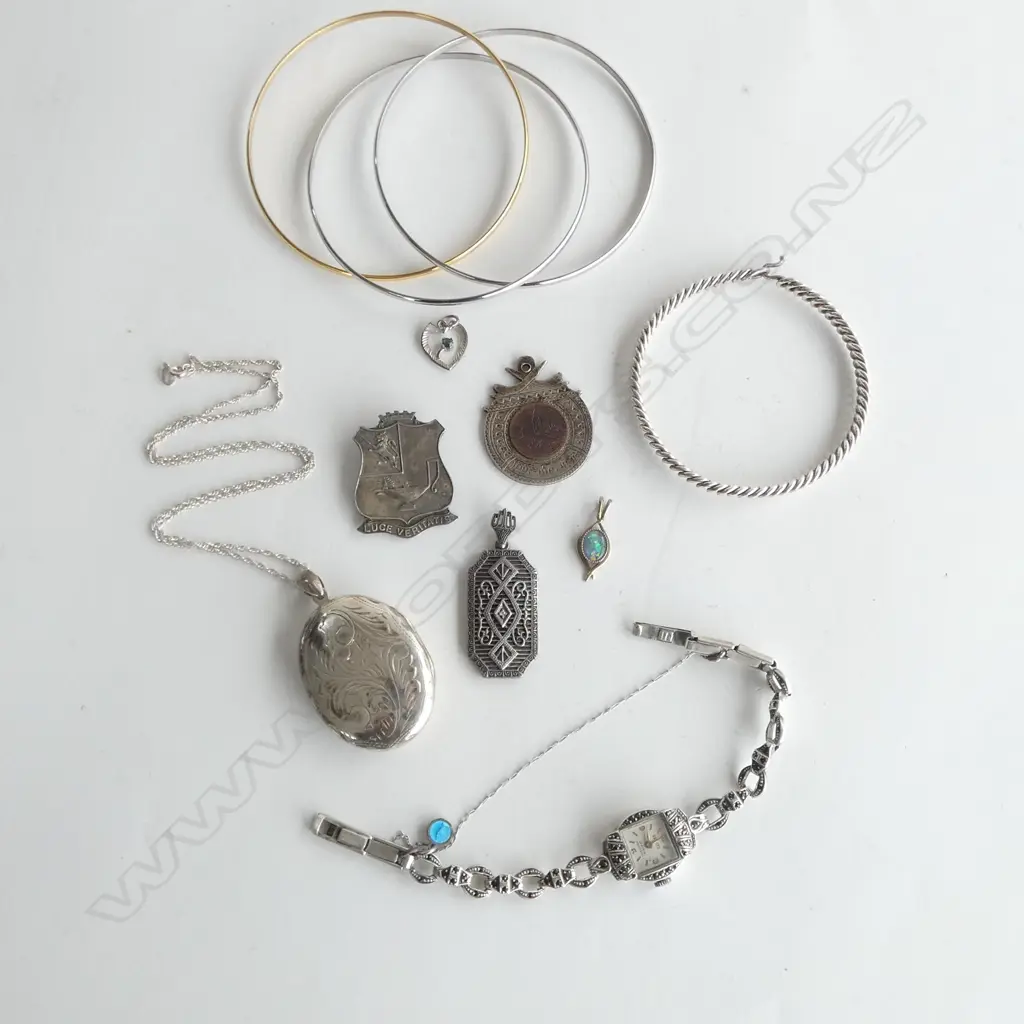 mainly SILVER JEWELLERY: engraved locket + silver marcasite watch + medallion. badge. etc Image 1++