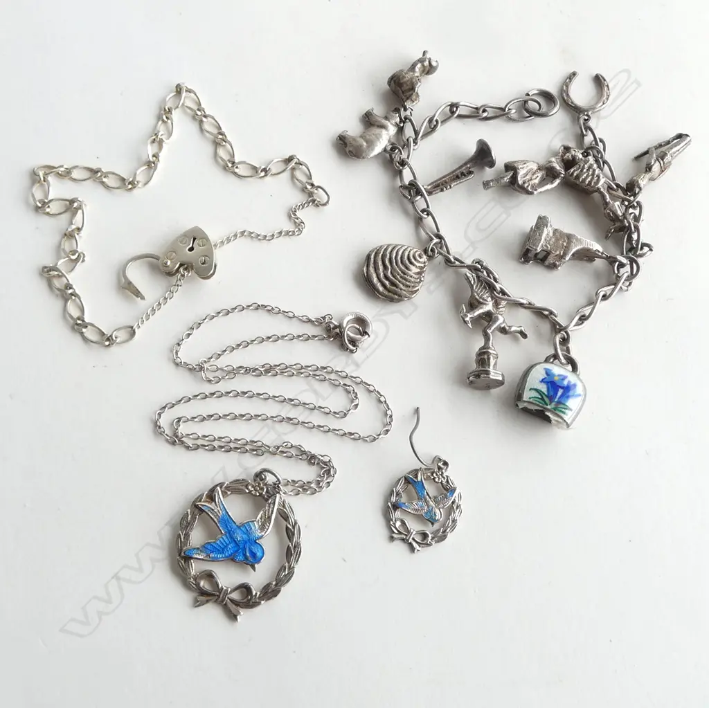 SILVER CHARM BRACELET + EDWARDIAN SILVER & ENAMEL SWALLOW PENDANT + BRACELET Image 1++