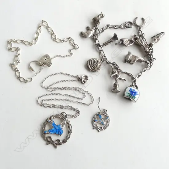 SILVER CHARM BRACELET + EDWARDIAN SILVER & ENAMEL SWALLOW PENDANT + BRACELET