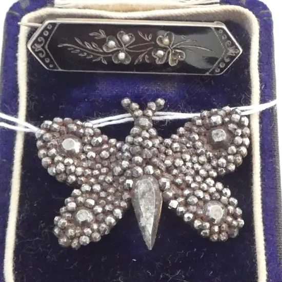 18 Century SEEL CUT BUTTERFLY BROOCH hand crafted in brass/steel rivets Plus a SILVER SEED PEARL/BLACK E MOURNING BROOCH