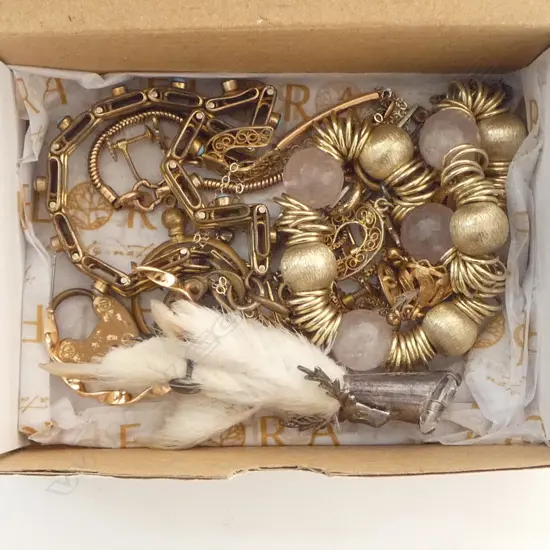 BOX OF SCREW ON EARRINGS, SILVER G/PLATE GARNET PENDENT R/GOLD GATE BRACELET ETC ETC